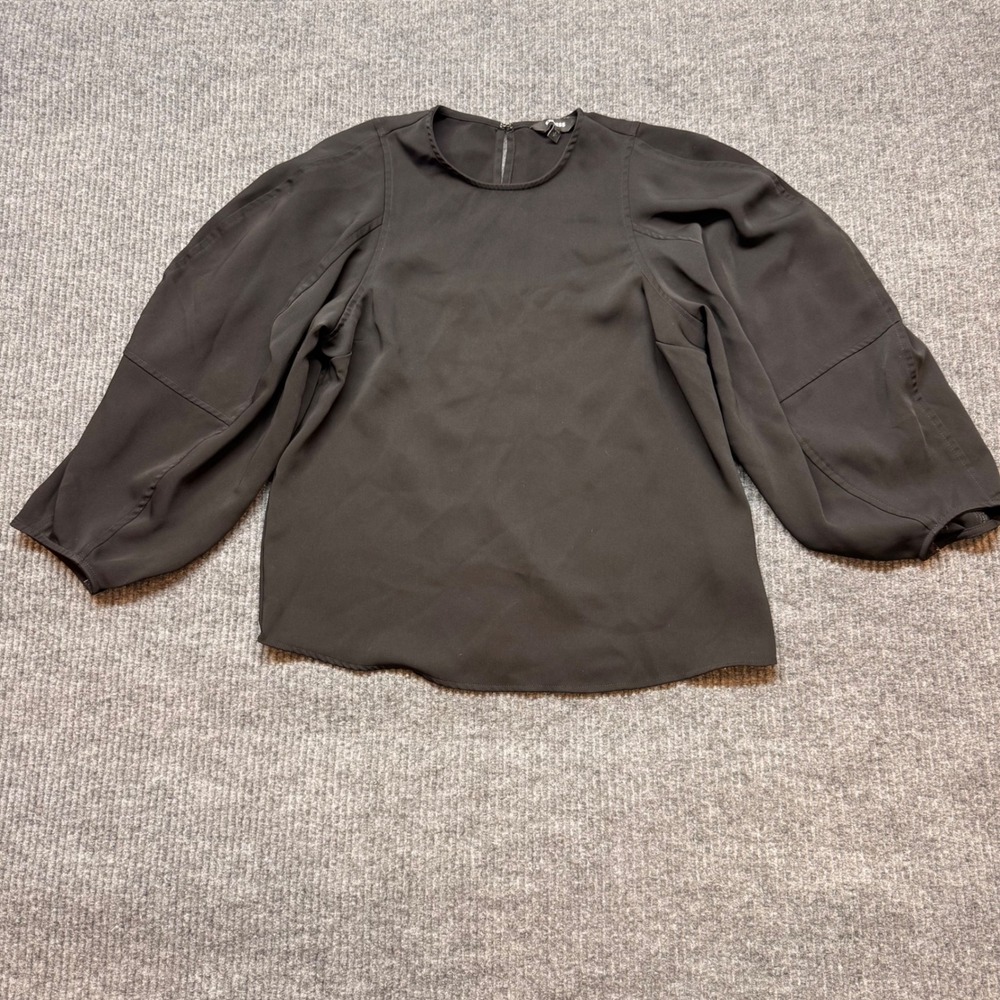 Black Satin Puff Sleeve Blouse‎ S Crew Neck Express Elegant Dressy Top Chic
